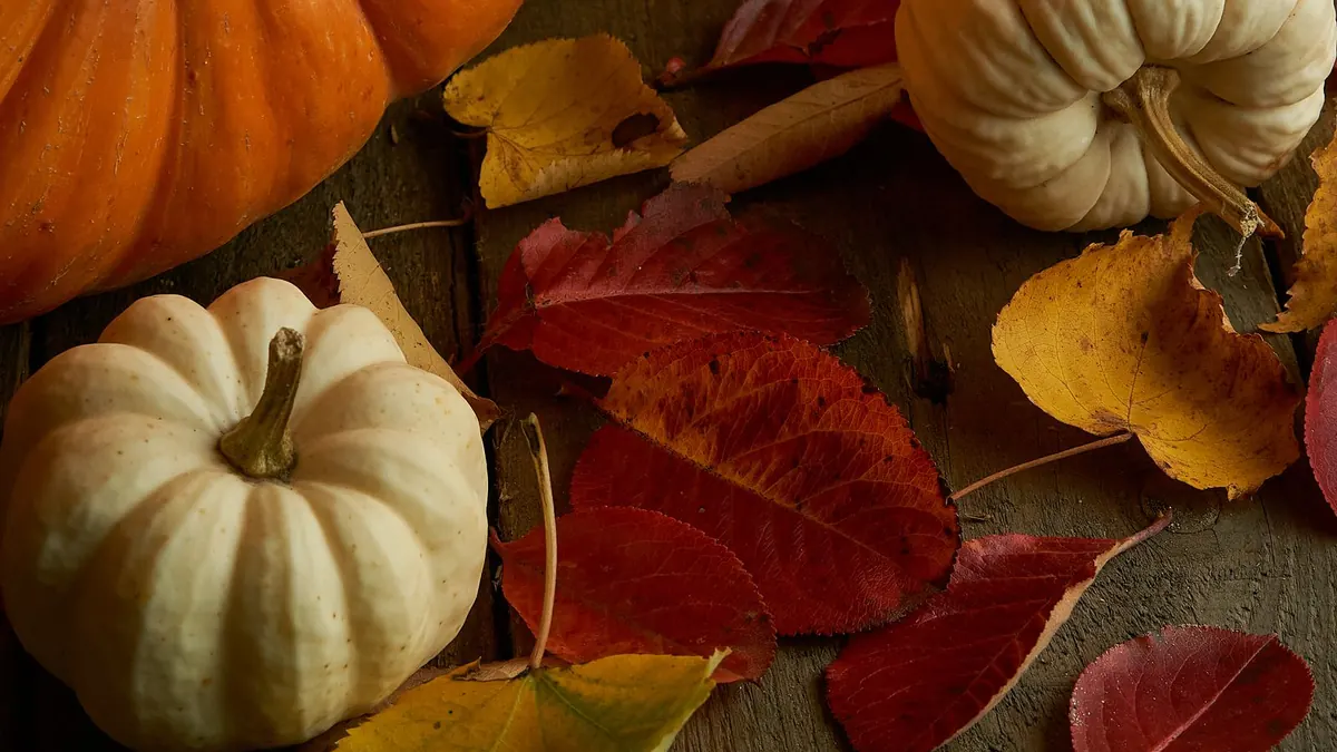 Pumpkins and colorful autumn leaves